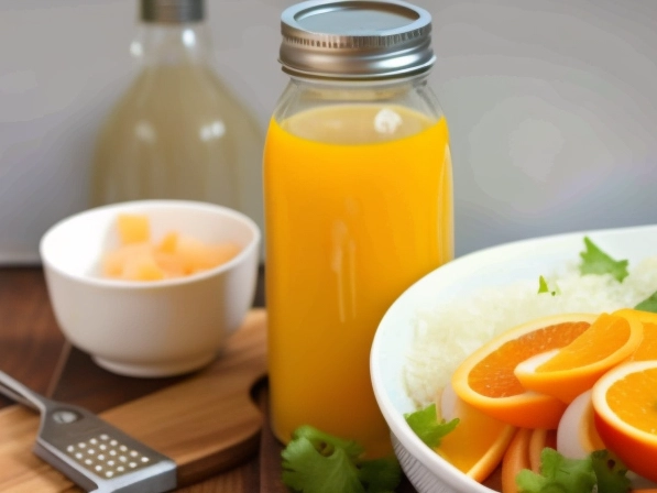 A photo of fresh ginger dressing being made. Show an overhead shot of a wooden cutting board with fresh ginger root being grated using a box grater. Showcase the other ingredients, including oranges, garlic cloves, and sea salt, arranged neatly on the board. In the background, display a small glass jar filled with homemade rice vinegar, and a small white dish with extra virgin olive oil. The image should have a clean and minimalist aesthetic that highlights the freshness and simplicity of the ingredients.