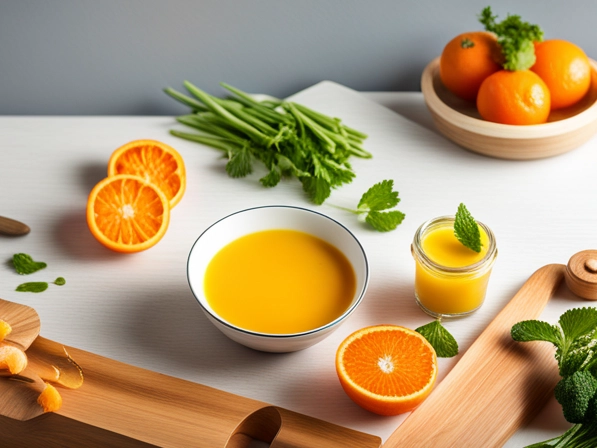 Orange dressing in a bowl on the table