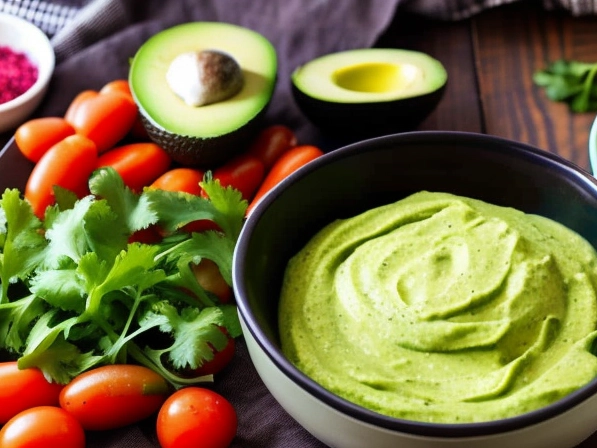 A top-down view of a bowl of creamy avocado dressing. The dressing should look rich and velvety with a bright green color, with flecks of herb seasoning visible. Surround the bowl with chopped fresh vegetables like carrots and celery, and tortilla chips with sliced avocado on top. The image should feel fresh and healthy, emphasizing the natural ingredients used in the dressing.