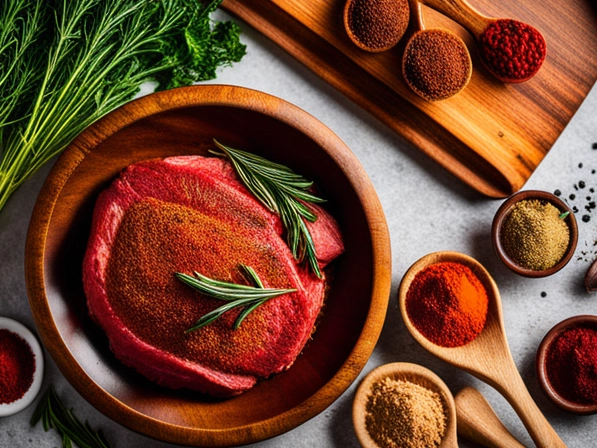 An image featuring a dry and flavorful homemade steak seasoning mix. Show a wooden plate filled with a pile of raw steak coated with the seasoning mix. Use a blend of spices like paprika, garlic powder, onion powder, salt, and black pepper, and feature whole herbs like rosemary and thyme. Add small bowls of the individual spices and herbs used, in a complementary color palette. The final result should look rustic and savory.