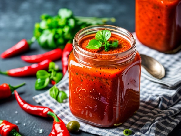 An image of a hot pepper dressing in a glass jar, with droplets of dressing on the outside of the jar. The dressing should have a bright red color, indicating its spiciness. Surround the jar with fresh red and green chili peppers, along with a few sprigs of fresh herbs like basil or cilantro. Use a simple, clean white background to make the red colors of the dressing and peppers really pop.