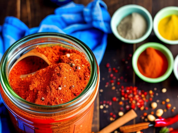 A still-life photograph of homemade Cajun seasoning in a glass jar. The scene is rustic or country-themed, maybe in a kitchen. The focus is on the glass jar and its label, with the spices visible through the glass. The labeling should be handwritten or in a handwritten-style font, with a handwritten list of ingredients. Other spices, herbs or food that pairs well with the seasoning such as chicken, shrimp and vegetables can be seen in the background or placement around the jar. The overall style should depict a homemade and natural feel.