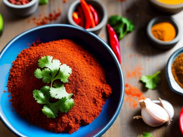 A close-up photo of homemade taco seasoning featuring different spices in an attractive blend. Arrange the spices like granulated garlic, smoked red paprika, cumin, chili powder, onion powder, salt, and pepper in a small bowl or jar, and capture the vibrant colors and textures. Add in some props like a wooden spoon or dried chili peppers to make the image even more enticing.