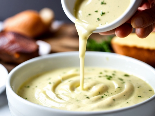 A delicious close-up photograph of Aioli sauce being enjoyed with a meal. Show the sauce in a white dish or bowl that complements the off-white color of the Aioli sauce. The dish can be garnished with a few drops of olive oil, herbs, and crushed garlic. The focus should be on the smooth and creamy texture of the Aioli sauce that is making the meal even more delicious.