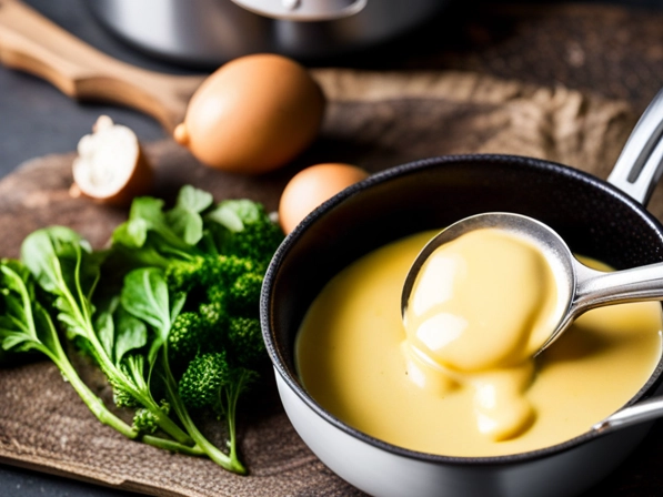 Image of Hollandaise sauce being made in a saucepan. It should highlight the rich, buttery texture of the sauce, with a hint of tang from the lemon juice. Emphasize the bright yellowy-orange color of the sauce, and consider adding a garnish like fresh herbs, eggs, butter or red pepper flakes. You could also include a serving suggestion such as eggs benedict or grilled asparagus