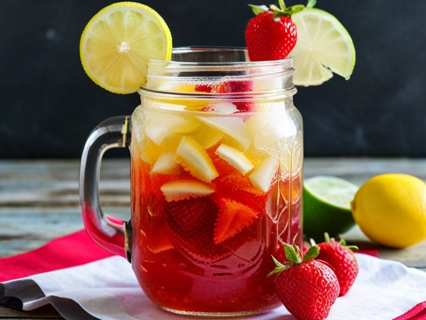 A tantalizing image of a single glass American-style lemonade cocktail in a rustic mason jar, with a sugared rim contrasting beautifully with the smooth gradient of yellow and red tones of the drink. The glass should be filled with a generous serving of ice cubes and a mix of lemon and lime wedges. There should be carefully sliced strawberries and raspberries gently arranged on top of the ice for a pop of color. The background should be a rustic wood summer picnic setting equipped with a comfy cushion and a green blanket. Sunlight streaming through the trees provides a warm, inviting ambiance and beckons the viewer to take a sip and enjoy the refreshment.