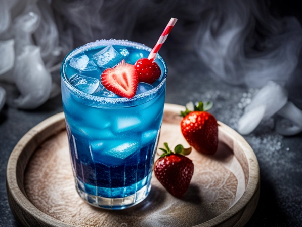 An enticing image of a blue lagoon cocktail on a simply surface, viewed from above in front. The chilled high tight glass should be placed slightly left of center, filled with crushed ice. The cocktail itself should be vibrant blue-green, with a piece of strawberry and a decorative straw. Consider using natural lighting to highlight the crushed ice and the wooden grains.