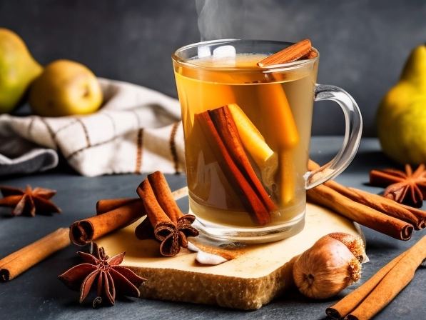 one glass cup with hot pear tea and few pieces of cinnamon and ginger. pear around. hot steam from cup