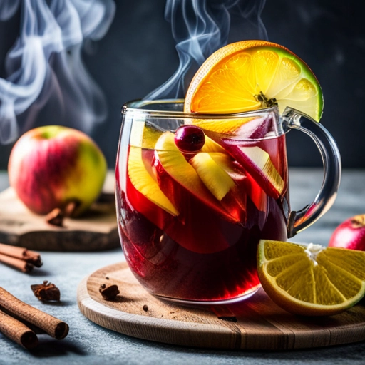 glass cup with sangria (red wine+orange juice+rum) with baked small pieces of apples. slice of lime on the edge of glass. smoke from glass