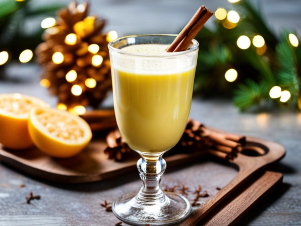 one glass cup with bright yellow color eggnog
